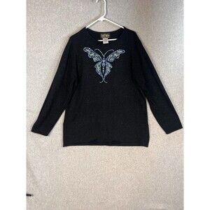 Bob Mackie Wearable Art, Butterfly Embroidery Party Sweater Women L Black